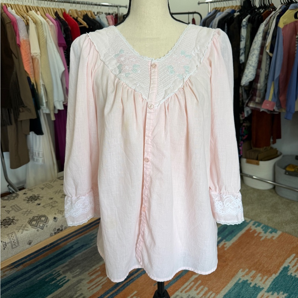 Vintage Bed Shirt Lace Pink Embroidered Button Down Cotton Blend Made in USA